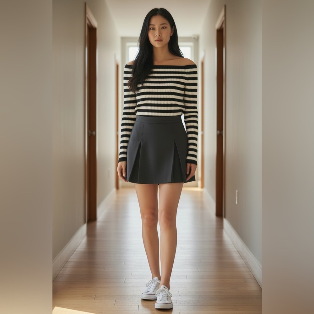 582. ☀️Pleated mini skirt with tailored waistband in black